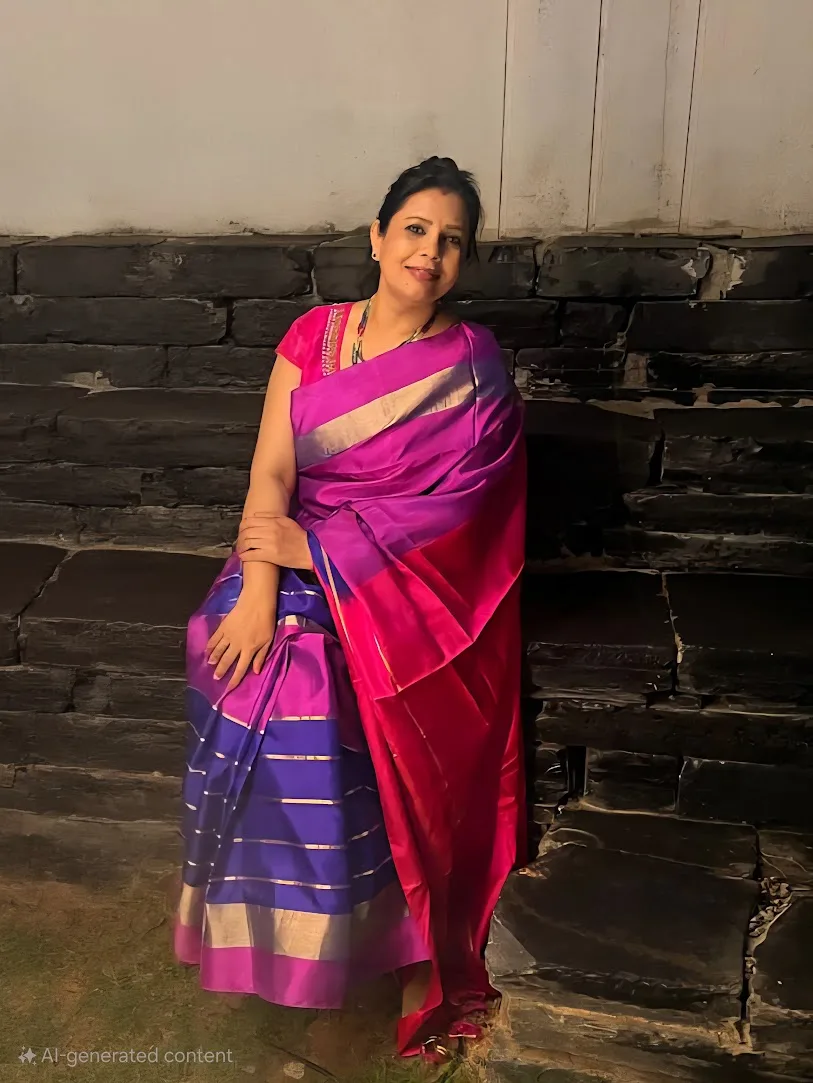 Seema seated on stone steps in a magenta and blue silk saree